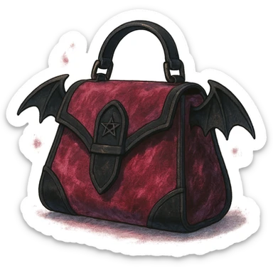 Pink and black gothic purse in Ghibli style, bat wing accents, velvet texture, magical aura, no background sticker
