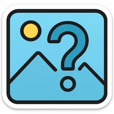 minimal image placeholder icon, light blue color, large question mark overlay sticker