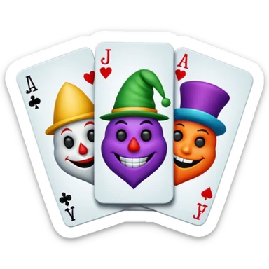 bunch of 3 poker cards, with crazy colorful human jolly jokers inside, inversed face sticker