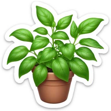 Cinematic Realistic Basil Emoji, Lush and fragrant, with vibrant green leaves that release a fresh, herbal aroma. The soft, glossy leaves are delicately arranged along slender stems, exuding vitality and flavor. Soft glowing outline, capturing the essence of freshness, growth, and aromatic delight in a blossoming basil plant! sticker