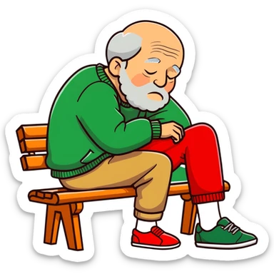 Old Man sleeping sideways on bench in green sweater, light brown shorts, and grey shoes sticker