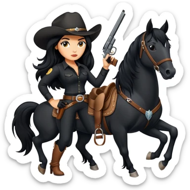 confident hot tanned woman with long black hair cowgirl style wearing black outfit with gun and horse sticker