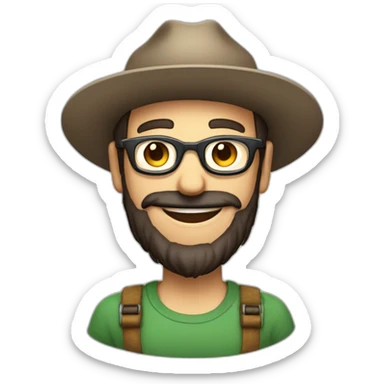 happy smile gardener face long dark beard and very short dark hair round glasses brown eyes and a hat sticker