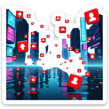 Virtual metaverse grid being flooded with digital waste: floating junk files, corrupted avatars, error signs blinking everywhere, neon red alert signals, sky of code raining down trash, holograms malfunctioning, futuristic city backdrop crumbling,  sticker