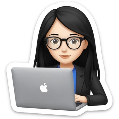 female student with black long hair working on a macbook laptop. sticker