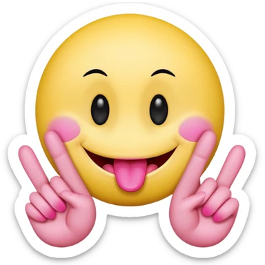 The image is a digital illustration of a yellow smiley face with big, round eyes and a big smile. The face is holding a pink tongue sticking out and making a 67 with its fingers. Above the face, The background is white. Like this but get rid of the text but make the hands do the numbers 67 sticker