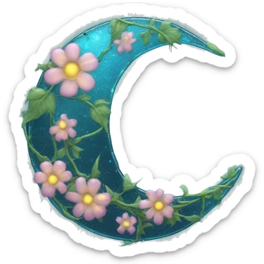 A translucent crescent moon made of cracked glass, with vines of bioluminescent flowers wrapping around it.

 sticker
