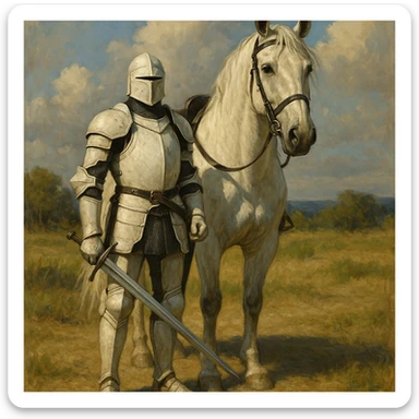 white-armored warrior beside a majestic horse sticker