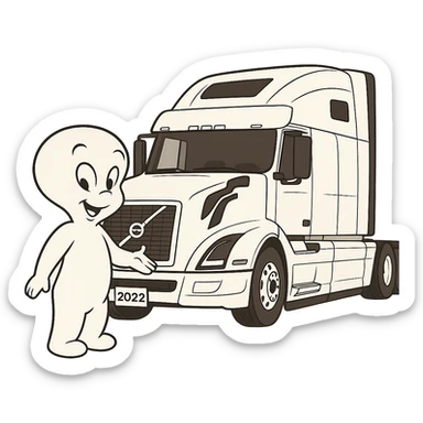 Remove the background, keep Casper the friendly ghost and the white semi truck in cartoon style, with transparent background. sticker