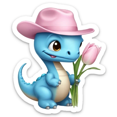 baby blue dinosaur holding white tulips with a small light brown hat on and a pink bow on his neck  sticker