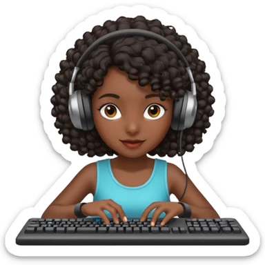 Dark Spanish girl with dark curly hair, wearing a gaming headset and playing with keyboard and mouse   sticker