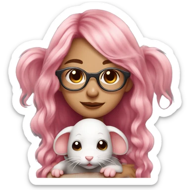 cute girl wearing glasses with long wavy pink hair hugging a rat sticker