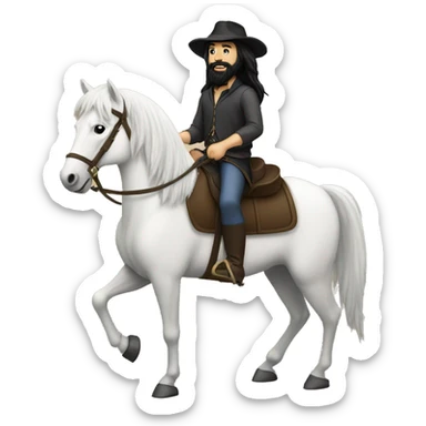 White guy with long black hair and black beard riding a horse sticker