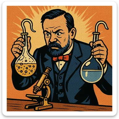 A victorian scientist like Louis Pasteur experimenting with two glass swan neck flasks.  One of the flasks has an open top and contains lot of bacteria in the water.  The other flask is sealed and contained clear water.  There is also a microscope on Pasteur's desk sticker