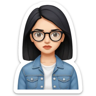 generate a pretty bratz emoji 
Make her wear a white dress with a denim jacket over it. black hair side part 

She should look exactly  like Deepika padukone. wearing tiny rectangular spectacle, looking sad sticker