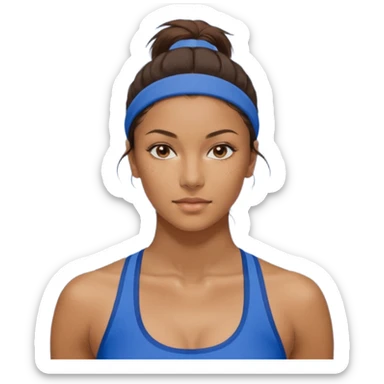 Девушка с каштановыми длинными волосами, собранными в хвост, в синем спортивном топе и синих лосинах занимается йогой с бокалом вина в одной руке sticker