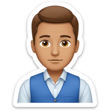 a man with a white shirt and a blue. vest sticker