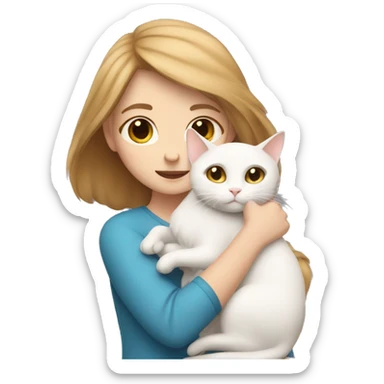 A girl with light brown hair hugs a white cat sticker