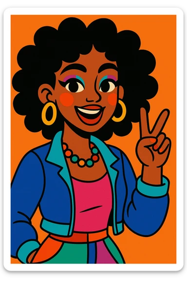 young brown-skinned woman with voluminous curly black hair, brown eyes, bright colorful makeup, vibrant style sticker