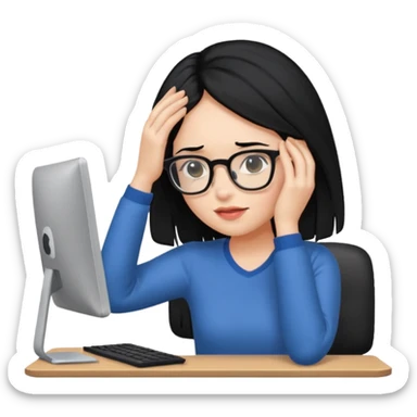 A girl is in front of a computer and is holding her head.The one with black hair sticker