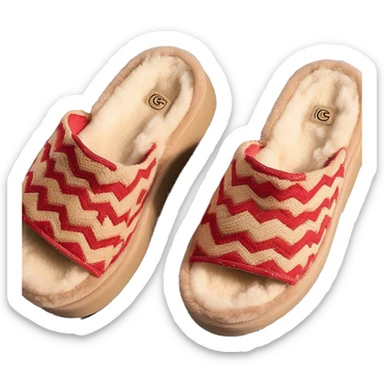 Camel slip-on slippers. red thin woven zig-zag line only encircling the top opening, and a chunky thick platform sole. “UGG” sticker
