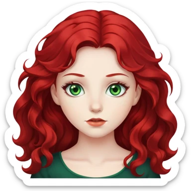 girl with green eyes, white skin, wavy black hair, red hair behind her sticker