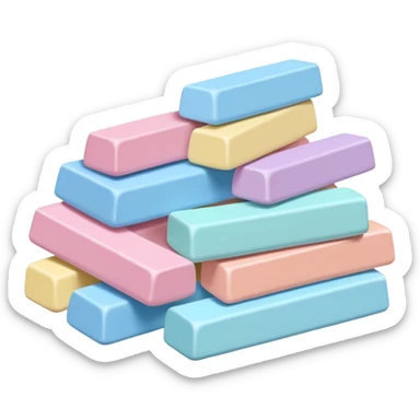 small pile of pastel-colored rectangular gum sticks or square tablets with smooth, slightly glossy coating, uniform pieces, neatly stacked or gently scattered, no wrapper, no mouth, no extras, just the gum, soft lighting, subtle shadows, emoji scale sticker