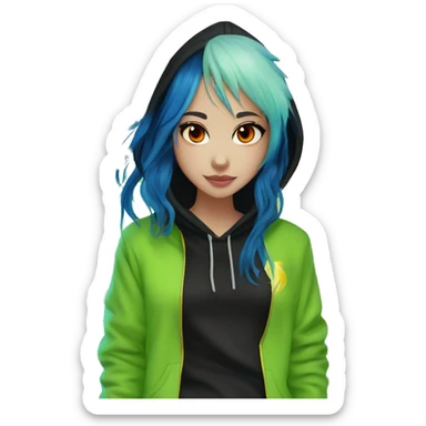 Lady with brunette and iridescent blue hair, gold, lime green dragon wings, black hoodie, bleach dyed, black and gold Nike t shirt, and bright red eyes sticker