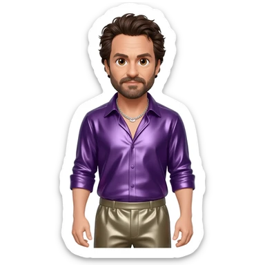 Mark Ruffalo with brown eyes, dark brown hair, purple metallic shirt, taupe metallic baggy pants, silver necklace sticker