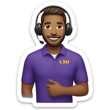 customer service male with headset wearing lsu shirt sticker