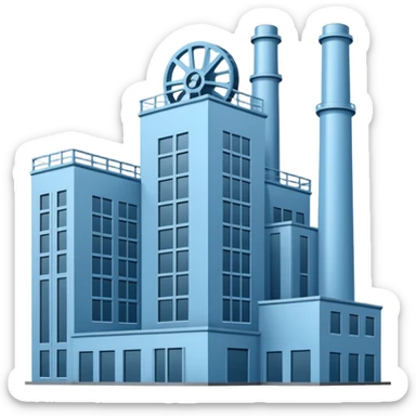 "A minimalist vector icon of a modern manufacturing factory building with a gear symbol above it. Blue and grey color scheme, flat design, white background, simple thick lines, professional business logo style." sticker