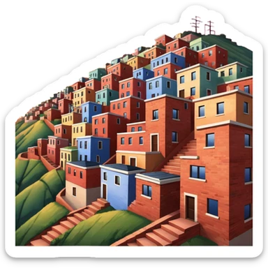 Urban Peruvian hillside neighborhood, brick houses stacked on steep hills, unfinished red brick buildings, colorful painted facades, narrow stairways, electric cables crossing the sky, sunset lighting, realistic style, cinematic, high detail in the desert sticker