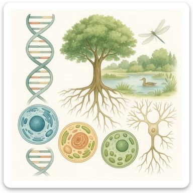 A realistic biological illustration (like in a school book) showing: DNA strands transitioning into a tree, cells with visible organelles, neurons connected to plant roots  and a balanced ecosystem background . Seamless integration, no labels or borders. Scientific color scheme, detailed but minimalist. please white background sticker