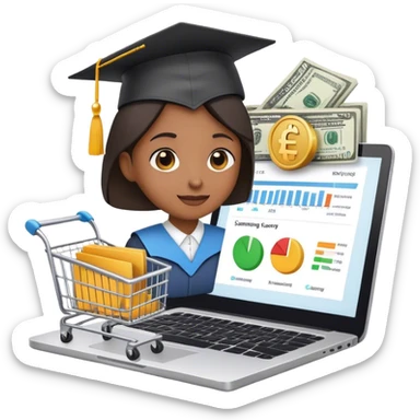 
*"Emoji-style illustration of e-commerce training: a laptop with a shopping cart icon, a graduation cap, and a person teaching online with charts and money symbols."* sticker