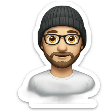 young dark-haired white man with a beanie, glasses and beard sticker