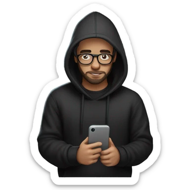 a depressed looking guy in a black hoodie with glasses and a little beard texting and giving a thumbs up and using discord  sticker
