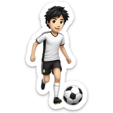 Male teenager with black hair, fair white skin, white tshirt, black shorts, playing soccer with ball sticker