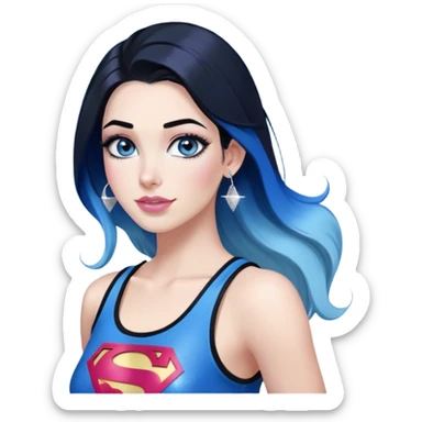 LargeFull body-excited expression-very-beautiful-face-light-pink-lips-very long-very-straight-dark-blue-ombre-hair-and-blue-eyes-thick-black-eyeliner-thick-long-eyelashes-sky-blue-superman-tank-top-with-glitter-and-silver-hoop-earrings sticker