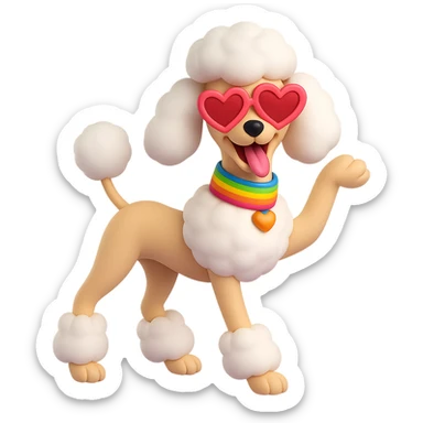 Make the posh poodle funny and flamboyantly gay, featuring a rainbow collar, heart-shaped sunglasses, and a dramatic pose, in the style of 3D emoji with no background. sticker