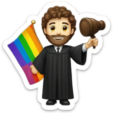 brown haired male judge with a beard waving pride flag sticker