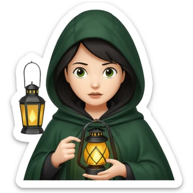 traitor tv show, dark haired woman wearing dark green cloak with hood up who looks very evil, is holding up a lantern, and looking down sticker