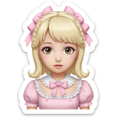 pale girl, medium curly hair in blonde and baby pink, bangs, grey eyes, doll makeup, wearing a light pink lolita hime gyaru dress, emoji style sticker
