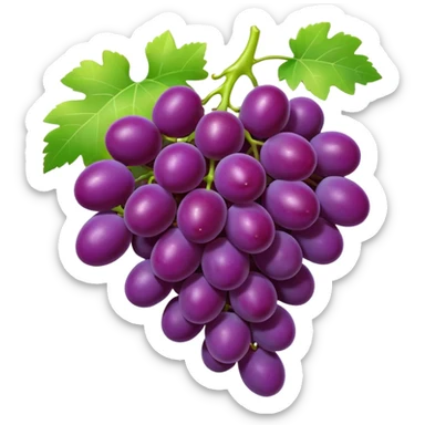3D iPhone style emoji of a bunch of grapes, plump and shiny, purple color, attached to a small green stem, isolated on white background, soft shadows, high detail, playful and cute. sticker