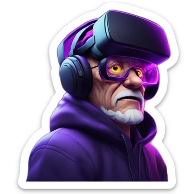 Russian old man wearing a black hoodie with "OMG" letters on it and VR headset in a cyberpunk VR environment with violet neon lighting. sticker