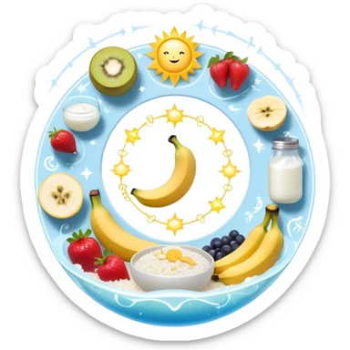 Magical fitness system: water bottle, sun, rice bowl, banana, dumbbell, yogurt, fruit, and moon arranged in a circular flow chart with ethereal glowing connections and sparkles, each item separate but part of one system sticker