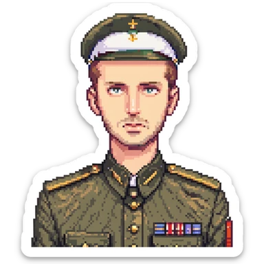 A white man with stubble in a soldier's uniform and a sad face sticker