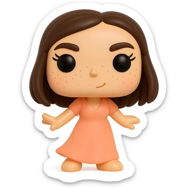 Create a Funko Pop style vinyl figure inspired by the reference image. The figure should have a long peach-colored dress, dark brown long bob haircut, rosy cheeks, feminine eyelashes, light freckles, and a mischievous expression. The pose should be dynamic. No hat or accessories. Transparent background. sticker