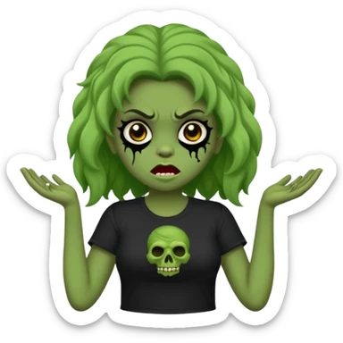 crie um emoji de uma garota zoombie verde assustadora e fofa com cabelo ondulado 2b e camiseta básica preta sticker