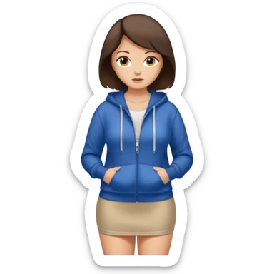 Pretty, sexy, slightly curvy white woman with short dark brown hair, wearing only a tight, open, front zippered hoodie and a miniskirt  sticker