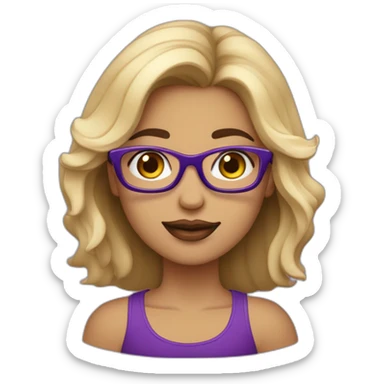 mujer con el pelo liso y mitad para arriba de color rubio y la mitad para abajo de color morado, labios grandes, nariz pequeña, gafas rectangulares negras y ojos azules sticker
